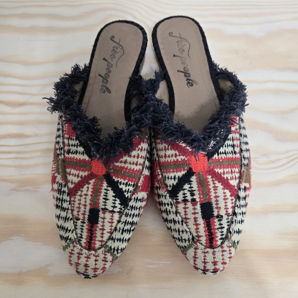 Free People Red Black Cream Patterned Pointed Fringe Mules